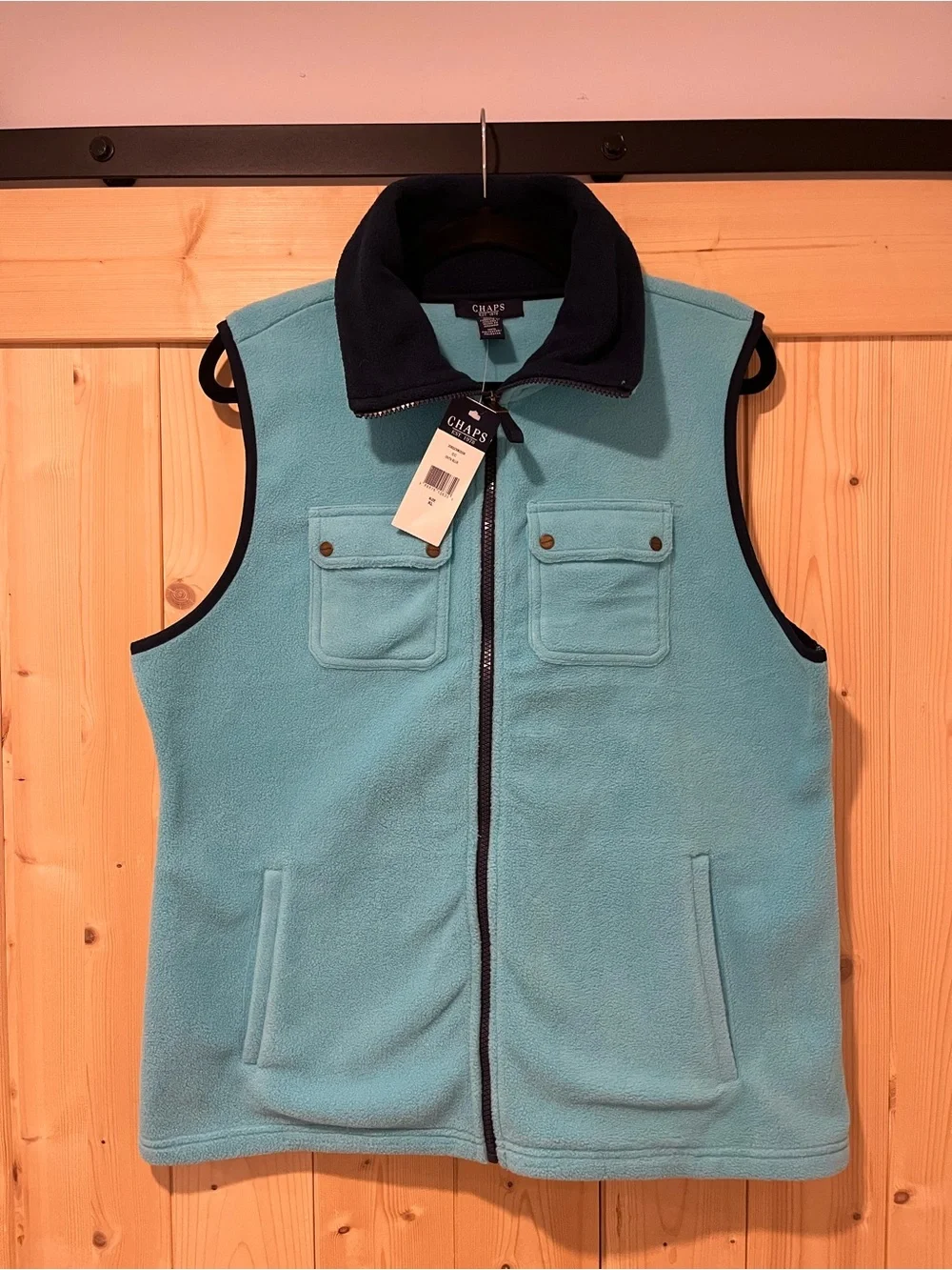 Men’s Chaps Sweater Fleece Vest Two Tone Cyan Blue with Navy Trim XL/TG/EG